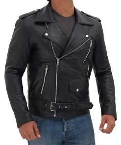 asymmetrical motorcycle leather jacket in black